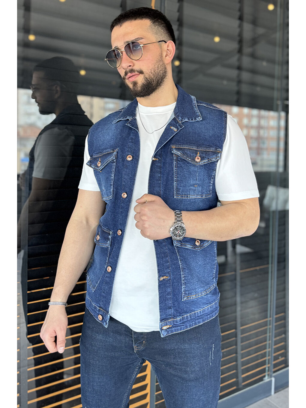 Lacivert Erkek Jean Yelek-1