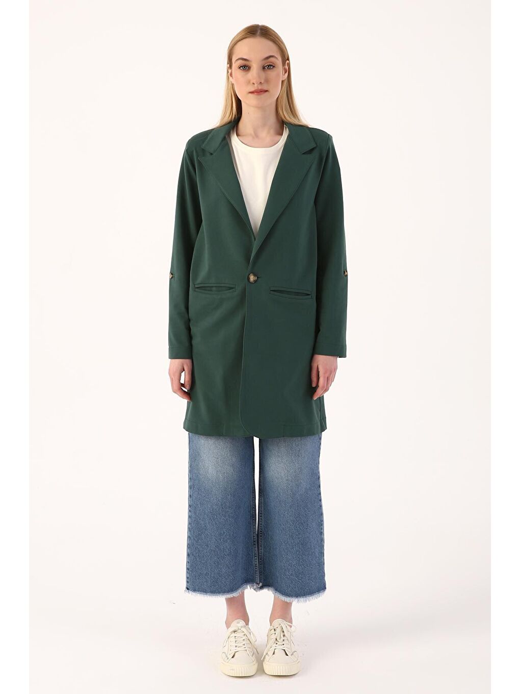 Zümrüt Yeşili Tek Düğmeli Penye Ceket-1