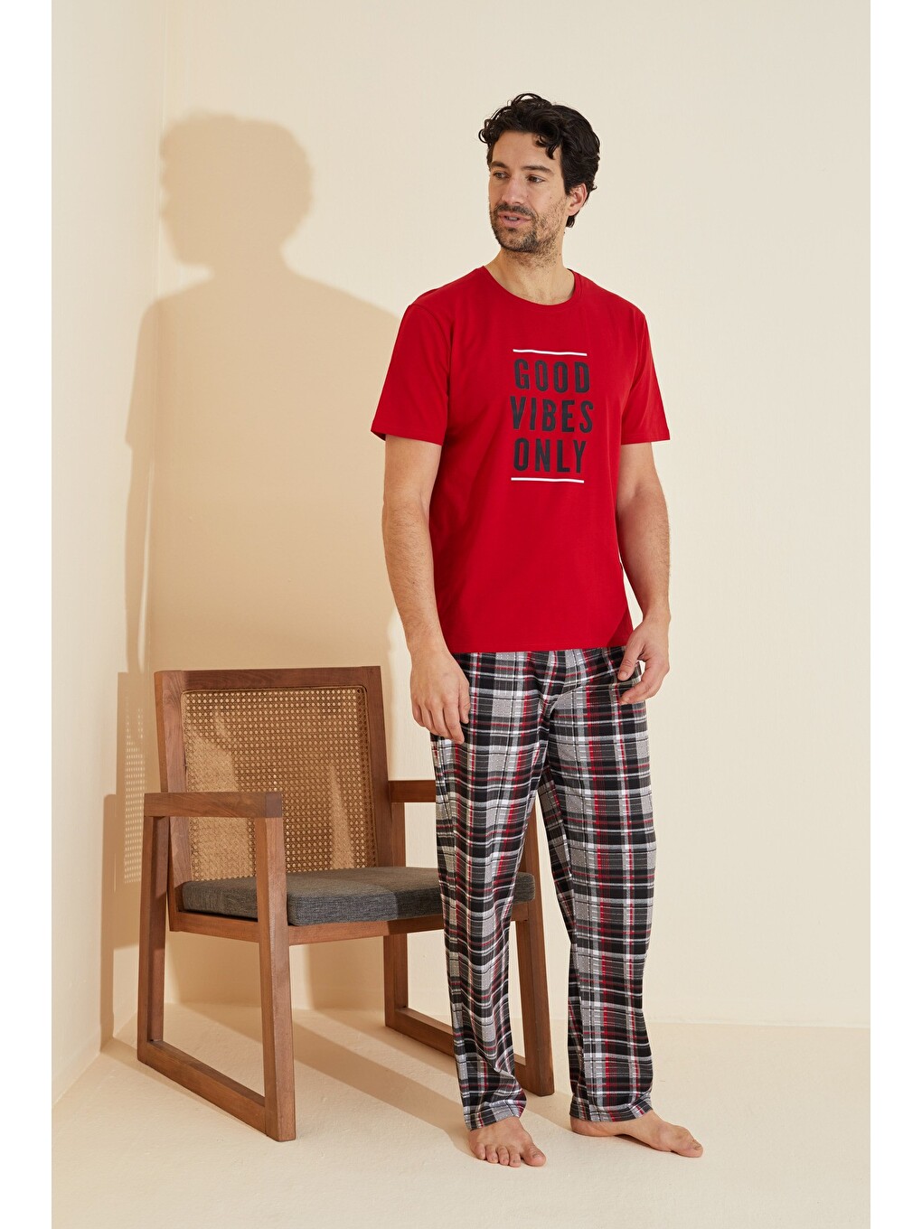 Kırmızı Bisiklet Yaka Baskılı Örme Pijama Takım 25109828-1