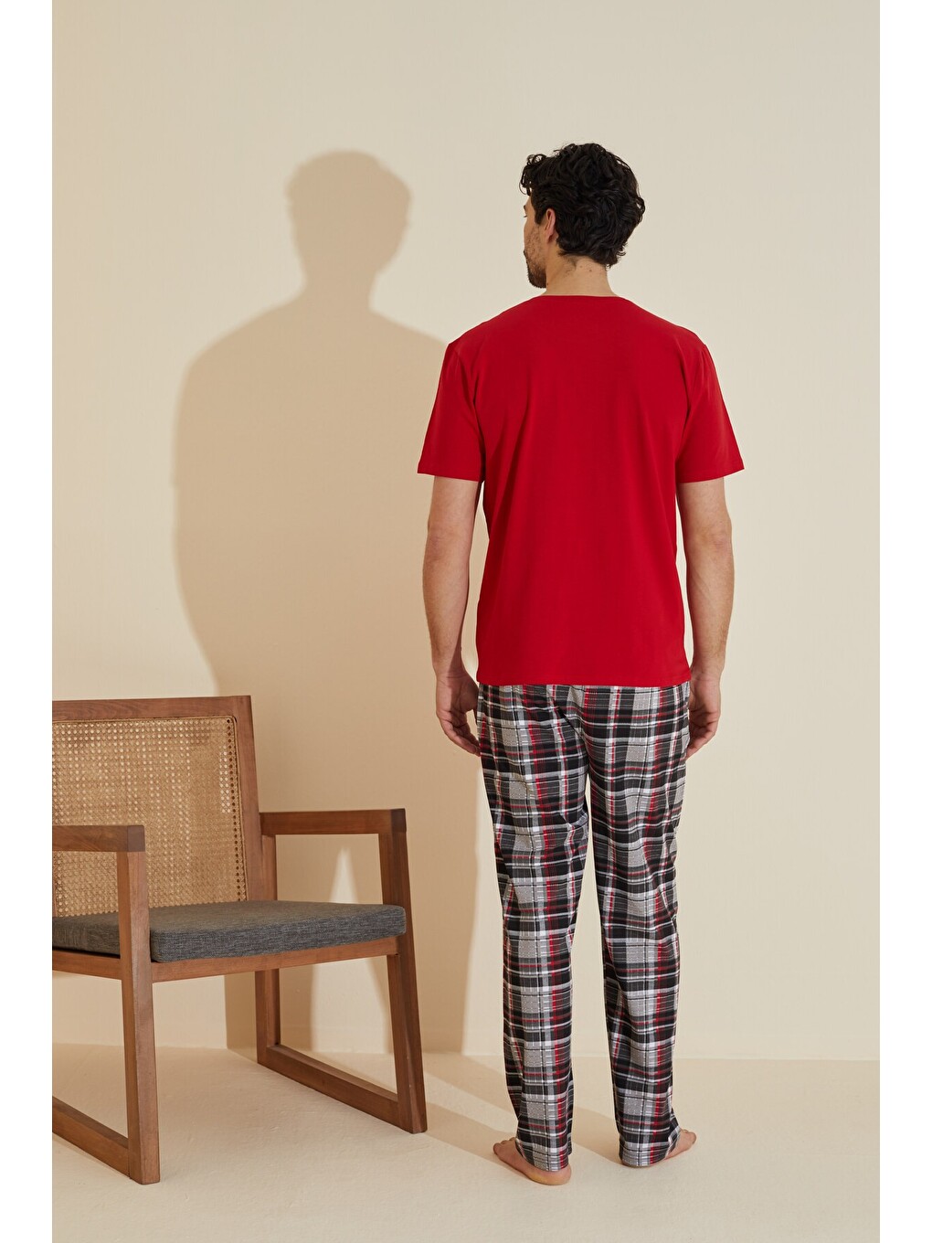 Kırmızı Bisiklet Yaka Baskılı Örme Pijama Takım 25109828-2