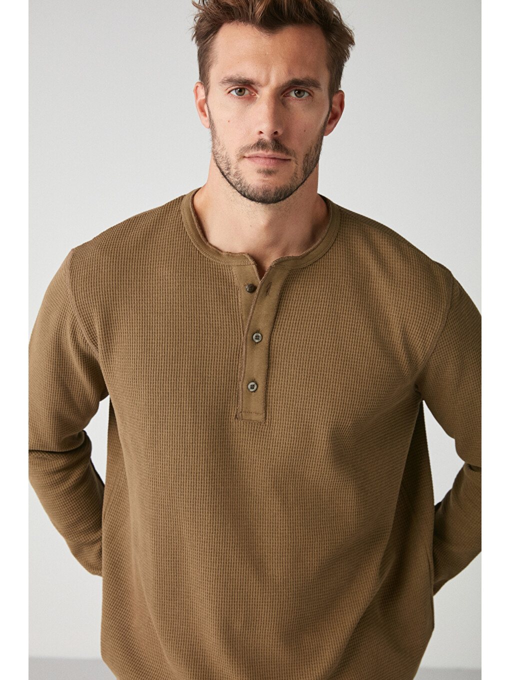 Patrıck Erkek Triko Waffle Özel Dokulu Kalın Premium Kumaşlı Düğme Detaylı Haki T-shirt-1