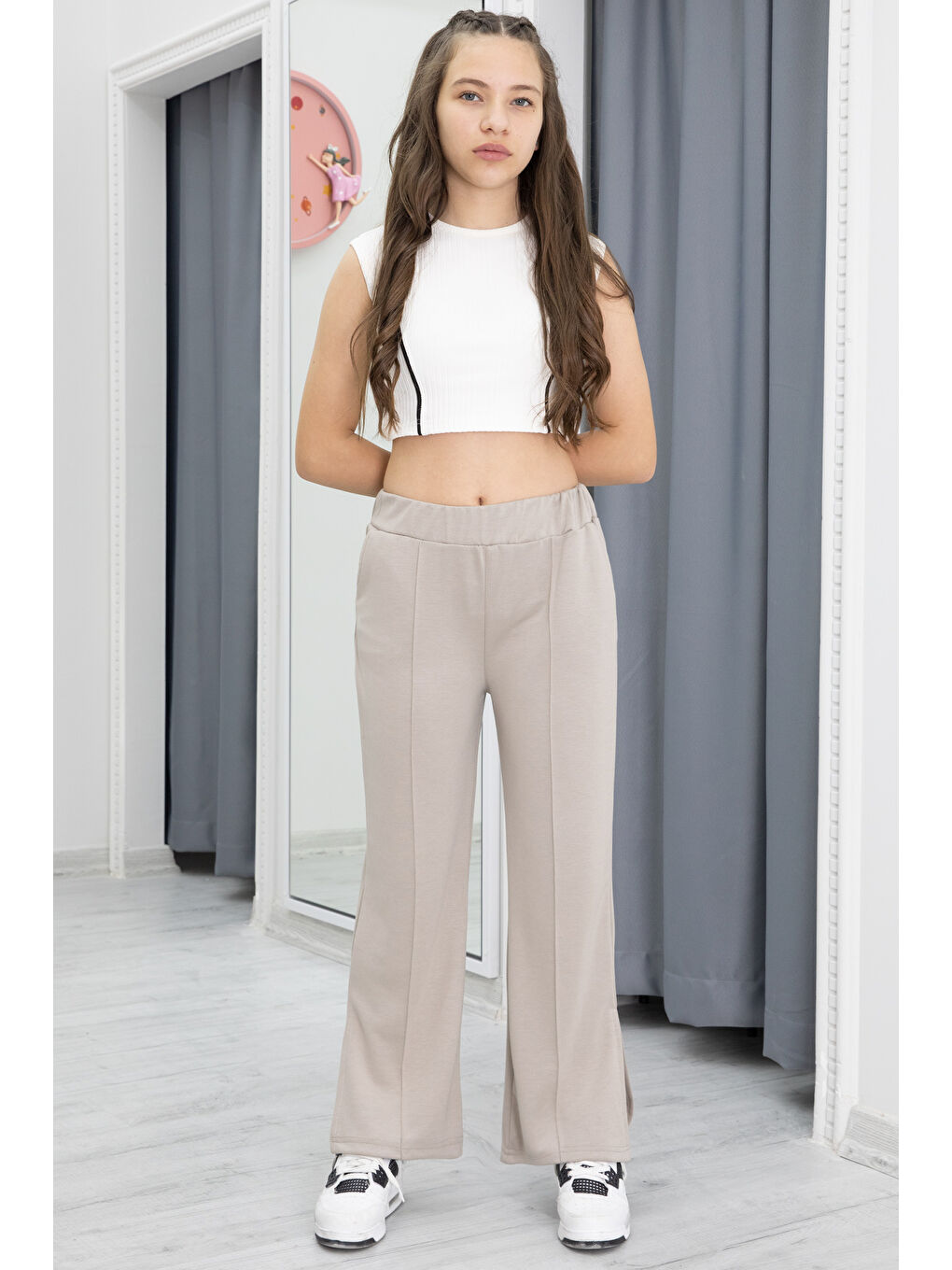 Bej Geniş Paça Yırtmaçlı Kız Çocuk Kumaş Pantolon 20287