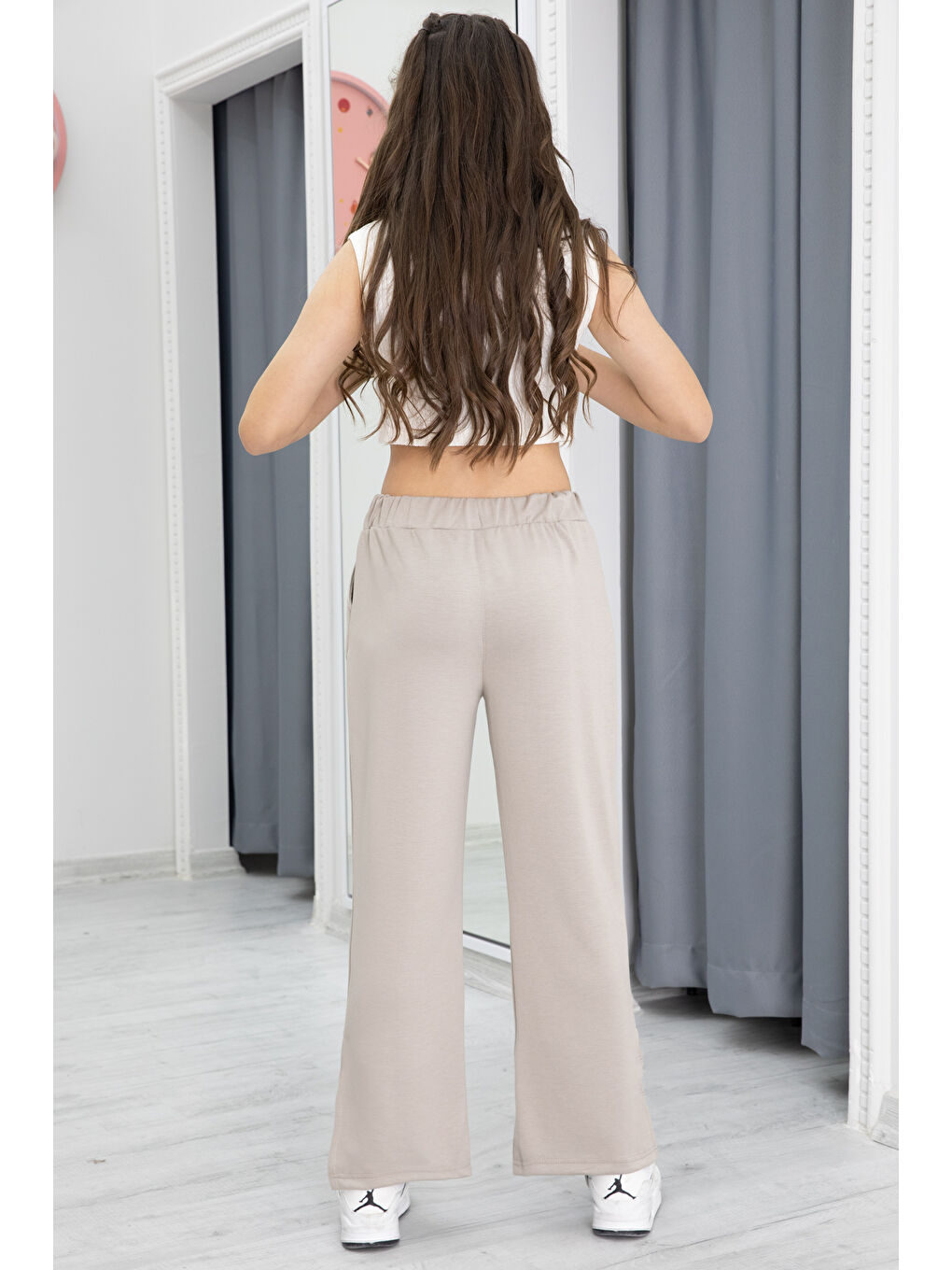 Bej Geniş Paça Yırtmaçlı Kız Çocuk Kumaş Pantolon 20287-3