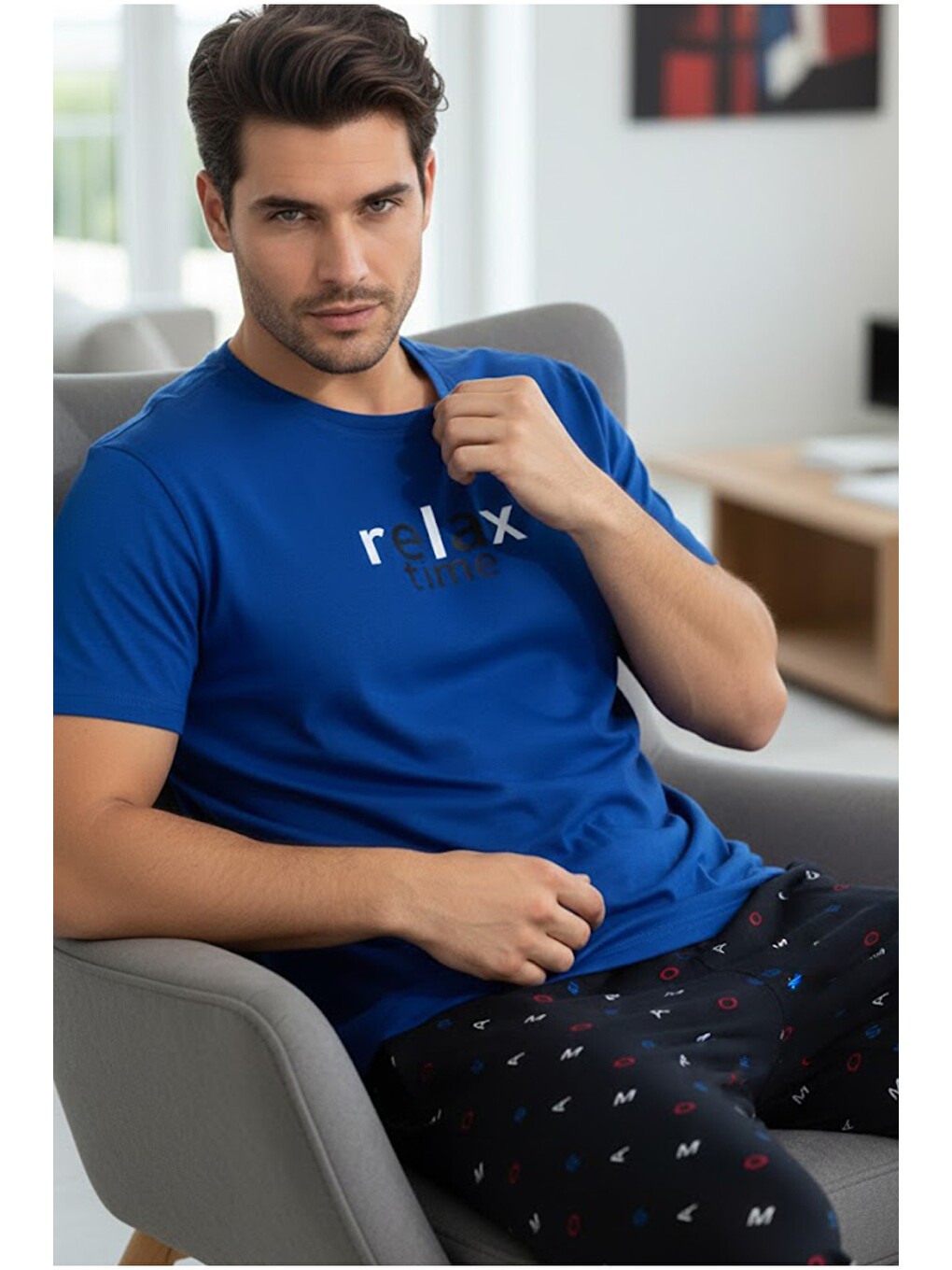 Mavi Pamuklu Bisiklet Yaka Baskılı Kısa Kollu Örme Pijama Takım