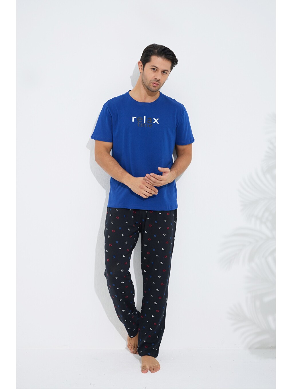Mavi Pamuklu Bisiklet Yaka Baskılı Kısa Kollu Örme Pijama Takım-1