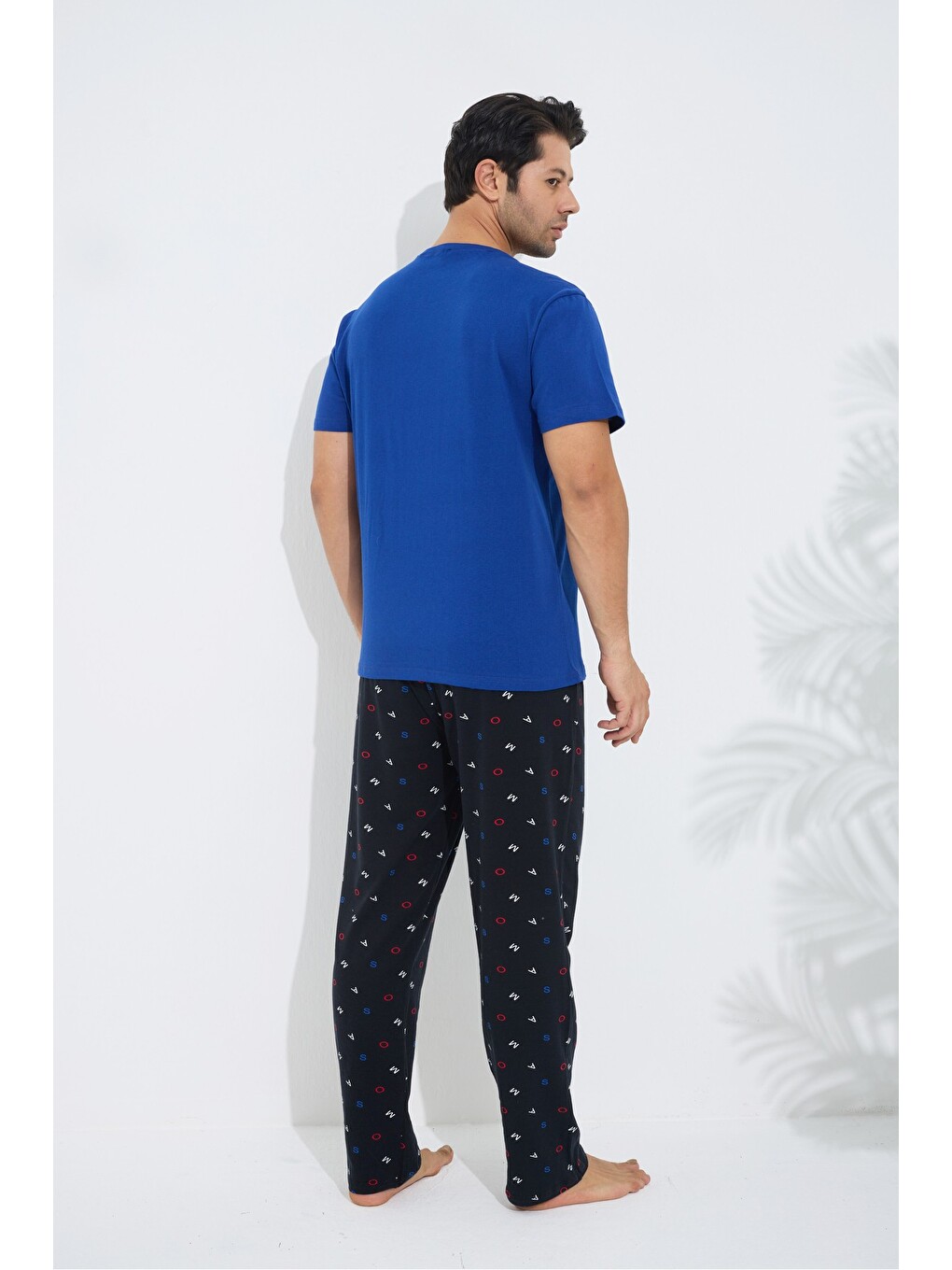 Mavi Pamuklu Bisiklet Yaka Baskılı Kısa Kollu Örme Pijama Takım-2
