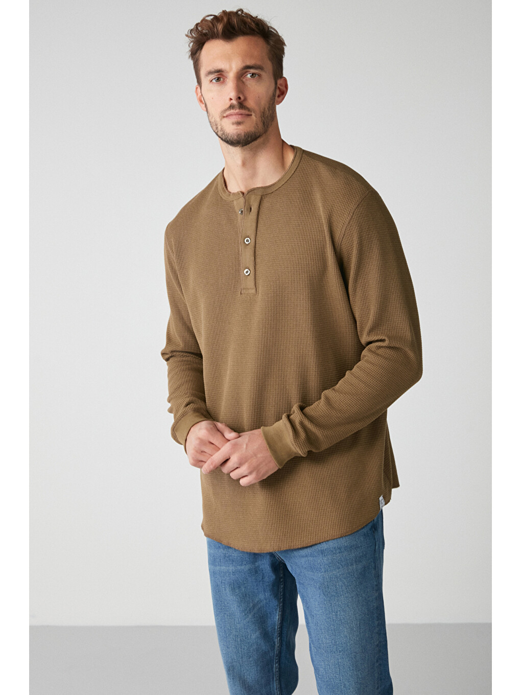 Patrıck Erkek Triko Waffle Özel Dokulu Kalın Premium Kumaşlı Düğme Detaylı Haki T-shirt-2
