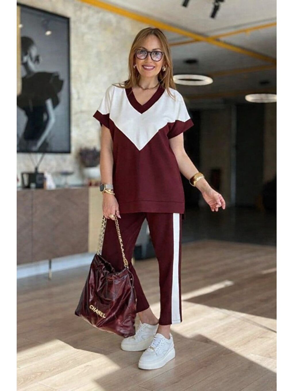 Bordo Kadın Kısa Kollu V Yakalı çift Renkli Viskon Iki Iplik Ikili Bluz Ve Pantolon Takım