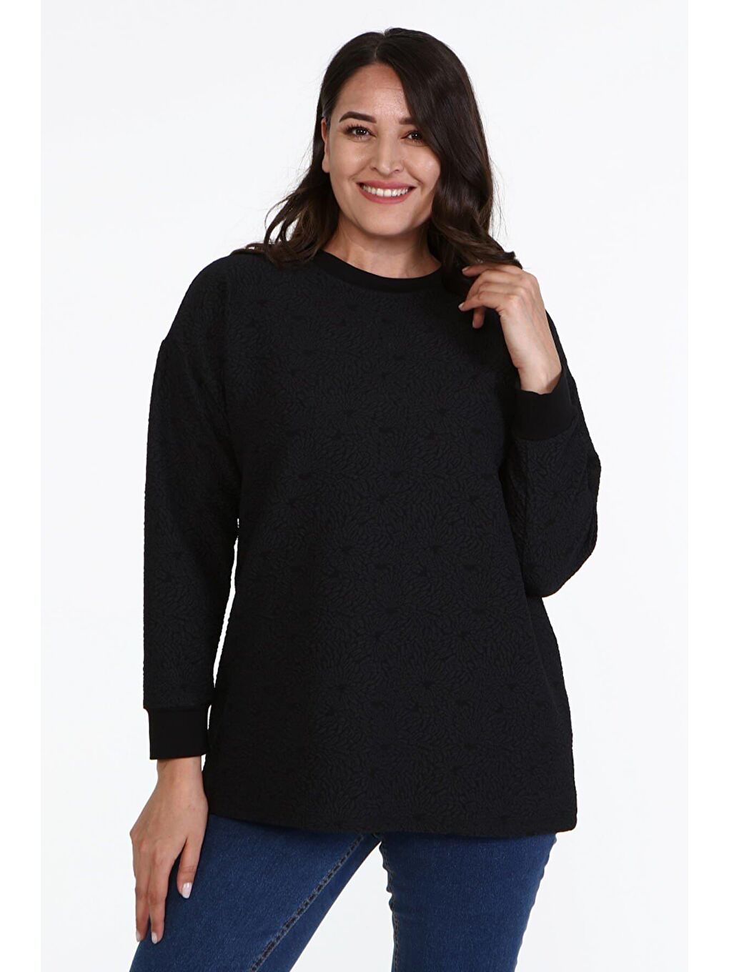 Mylinemoda Siyah Jakarlı Bisiklet Yaka Sweatshirt