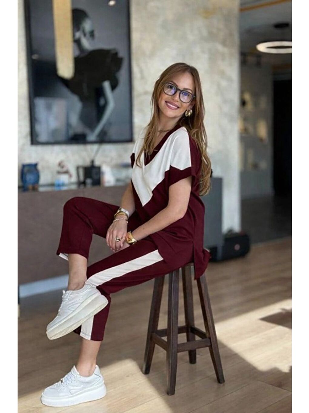 Bordo Kadın Kısa Kollu V Yakalı çift Renkli Viskon Iki Iplik Ikili Bluz Ve Pantolon Takım-2