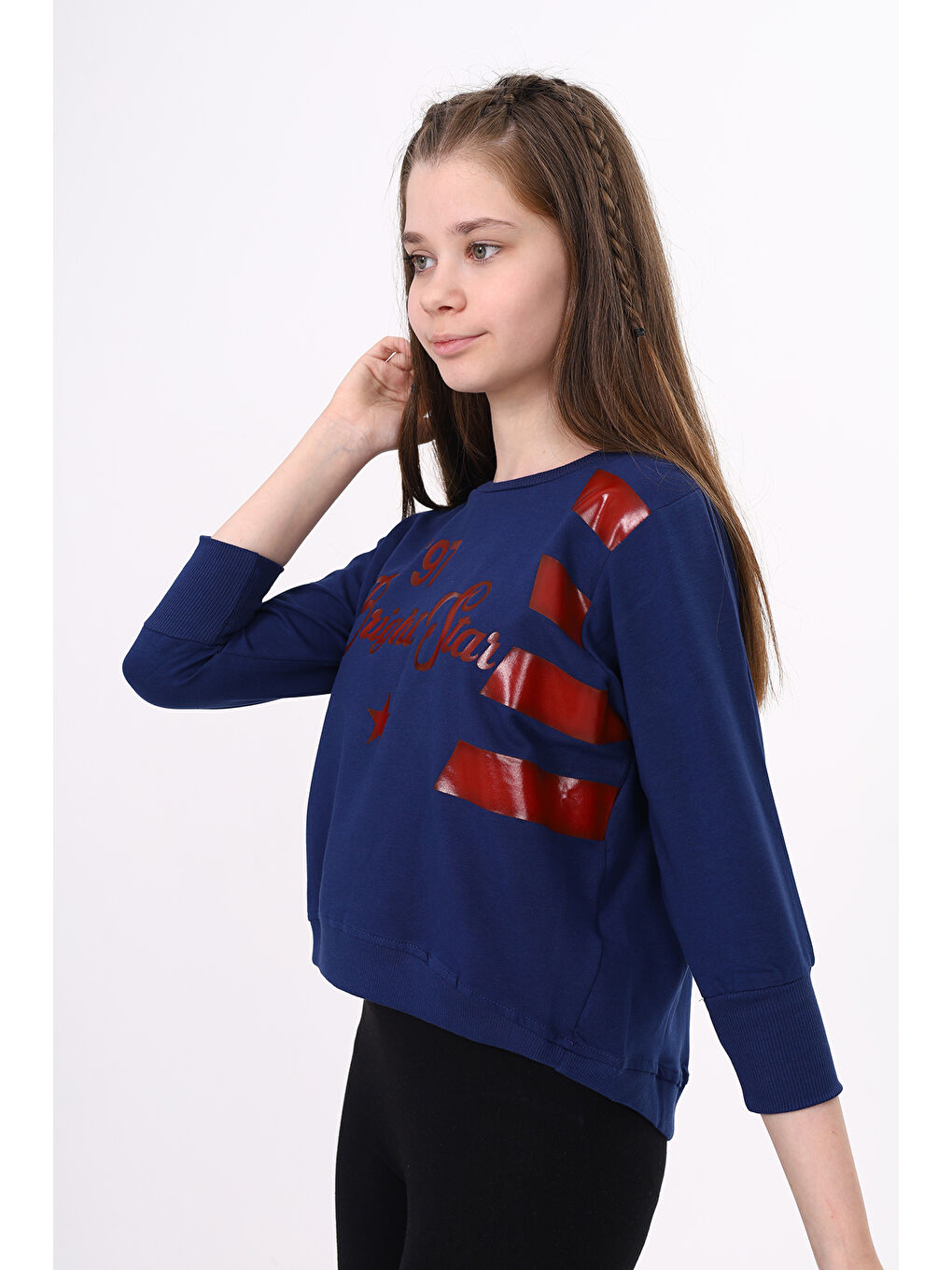 Lacivert Kız Çocuk Baskılı Tişört-1