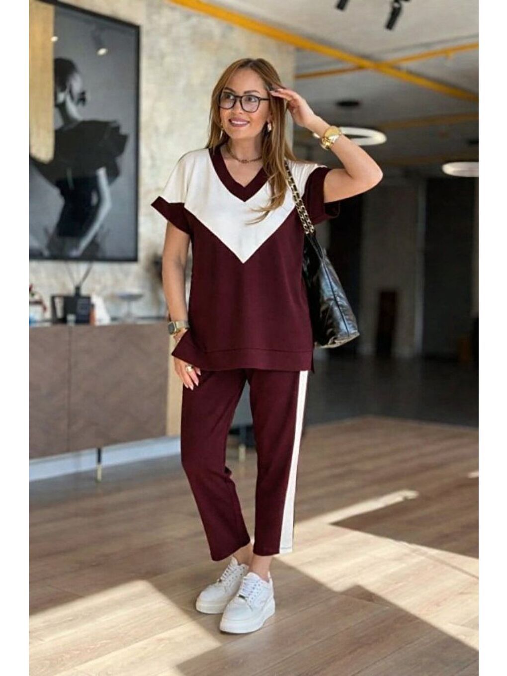 Bordo Kadın Kısa Kollu V Yakalı çift Renkli Viskon Iki Iplik Ikili Bluz Ve Pantolon Takım-3