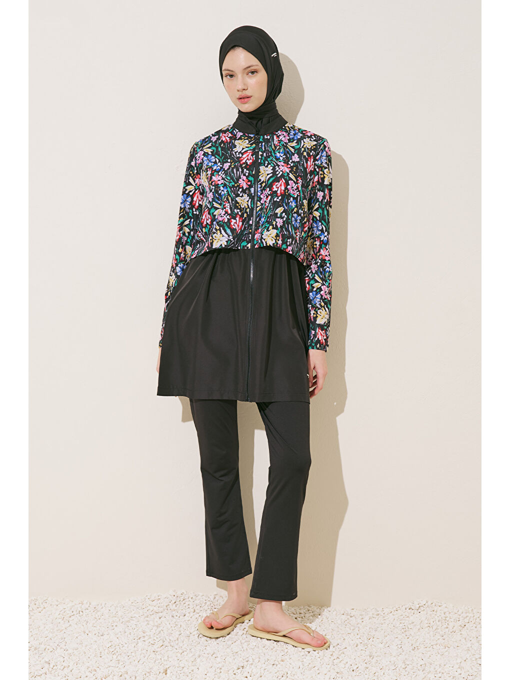 Yeşil Fermuarlı 3'Lü Tesettür Mayo Takım Garden-1