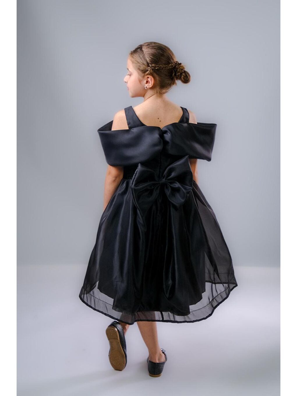 Siyah Kız Çocuk Taş Fiyonklu İsalon Elbise M00763