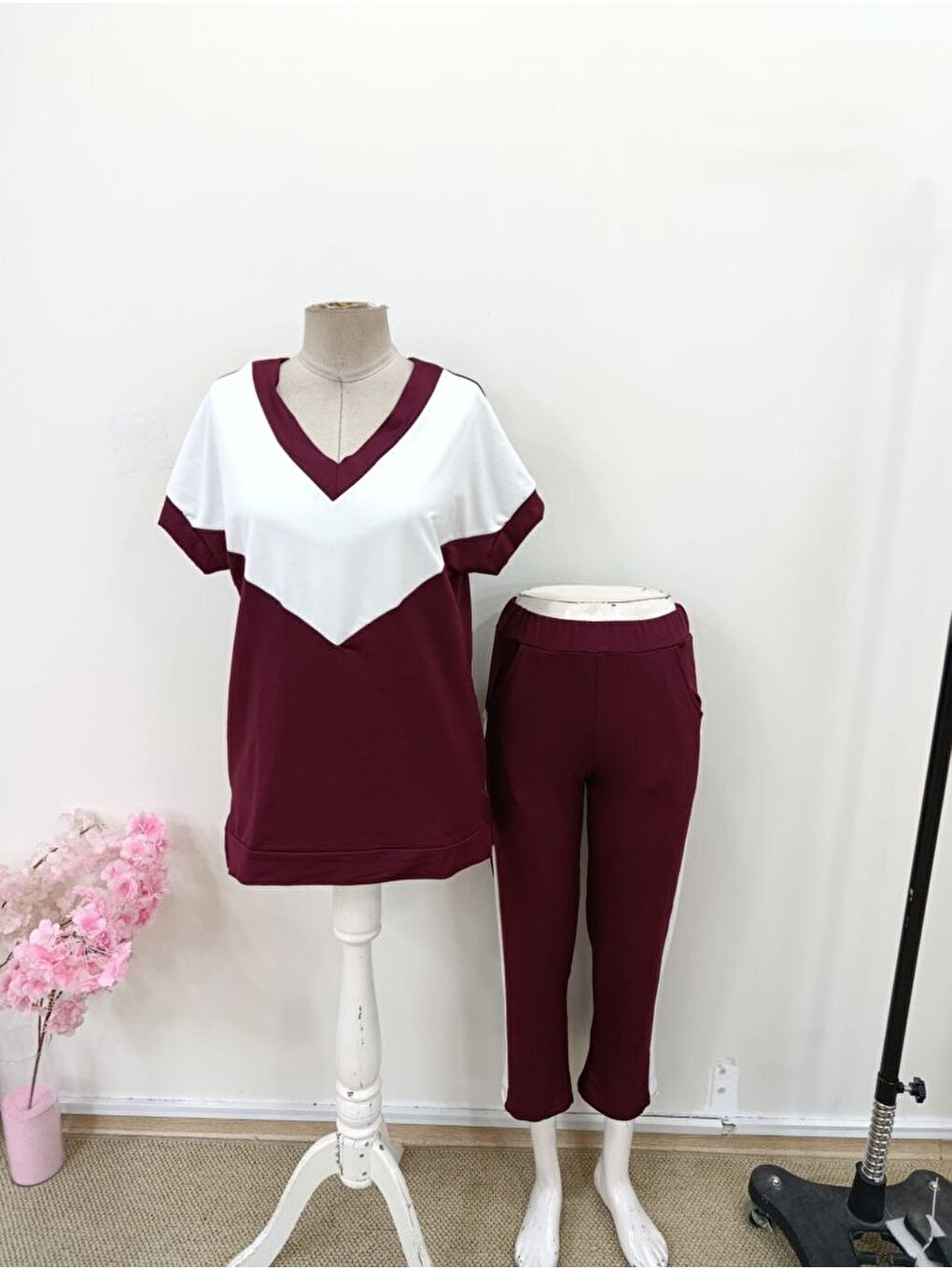 Bordo Kadın Kısa Kollu V Yakalı çift Renkli Viskon Iki Iplik Ikili Bluz Ve Pantolon Takım-4