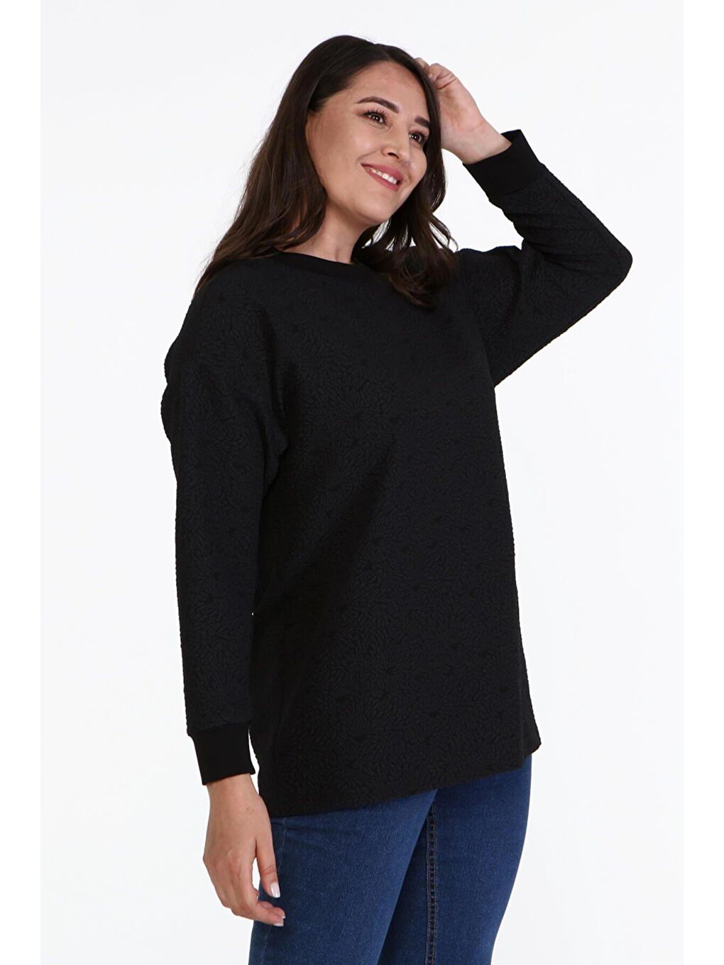 Mylinemoda Siyah Jakarlı Bisiklet Yaka Sweatshirt - 1