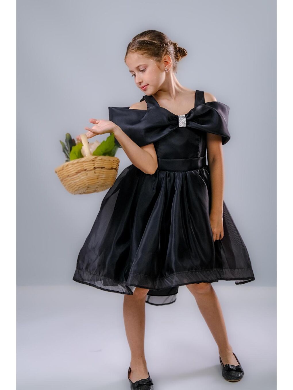 Siyah Kız Çocuk Taş Fiyonklu İsalon Elbise M00763-1