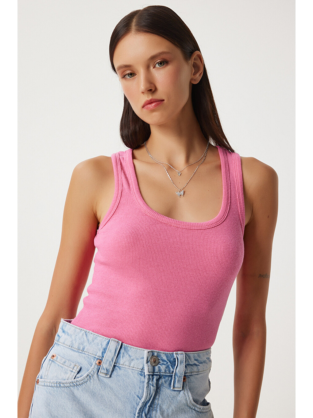 Pembe Fitilli Kalın Askılı Örme Atlet PEMBE LHJ0001-1