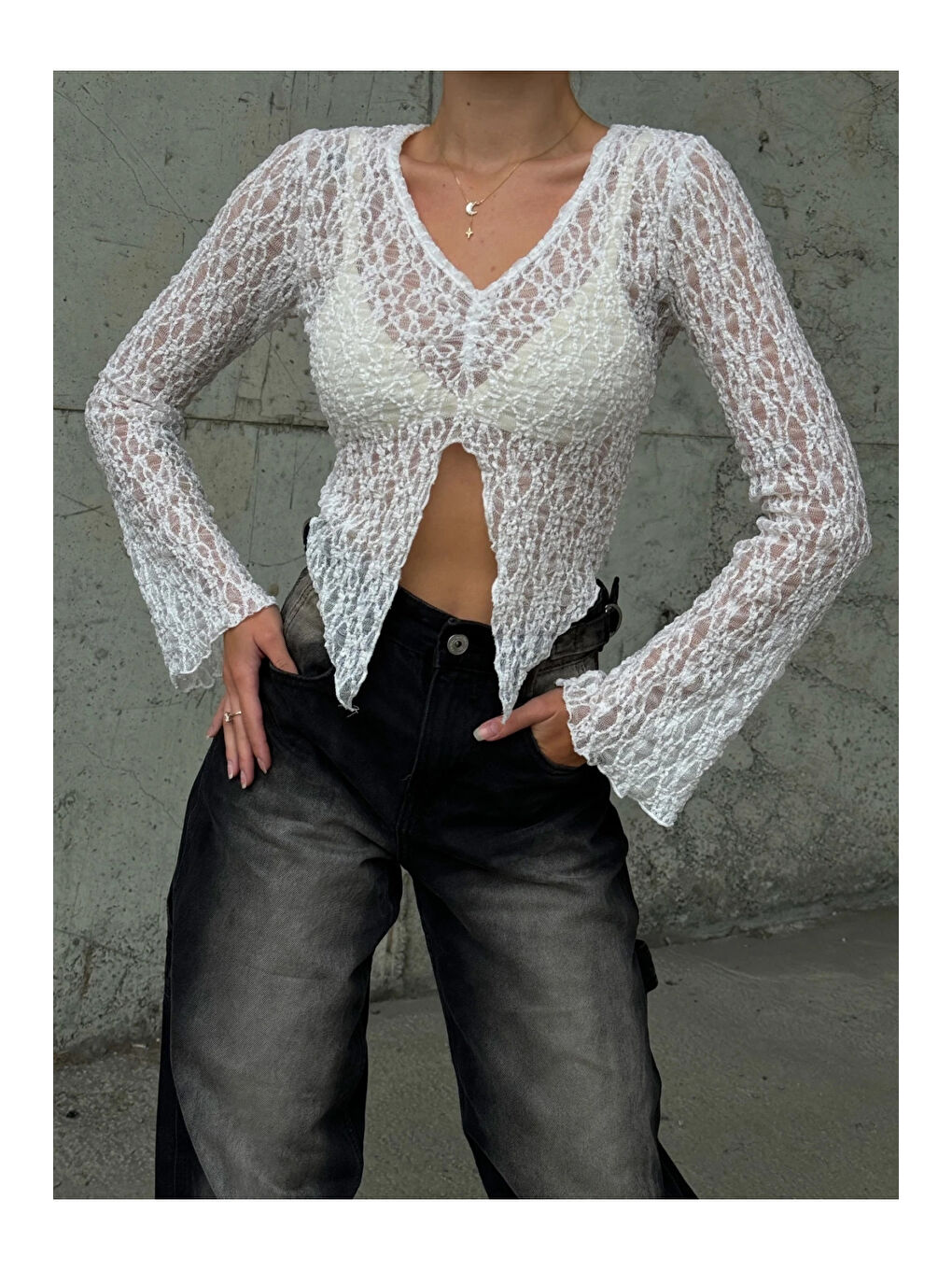 Kadın Beyaz Önü Büzgülü İspanyol Kol Tül Bluz HZL24S-ZK13381-1