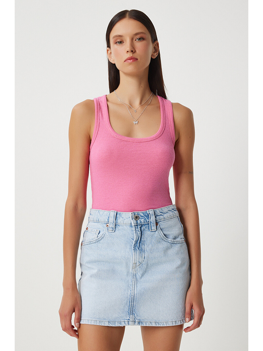 Pembe Fitilli Kalın Askılı Örme Atlet PEMBE LHJ0001-2