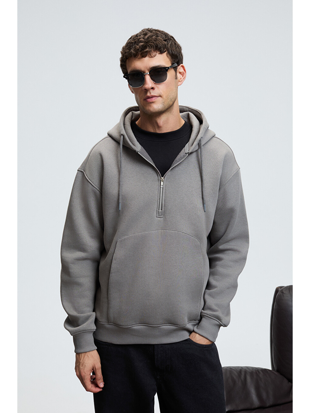 Justus Erkek Kapüşonlu Kanguru Cepli Fermuar Yakalı Koyu Gri Sweatshirt-1