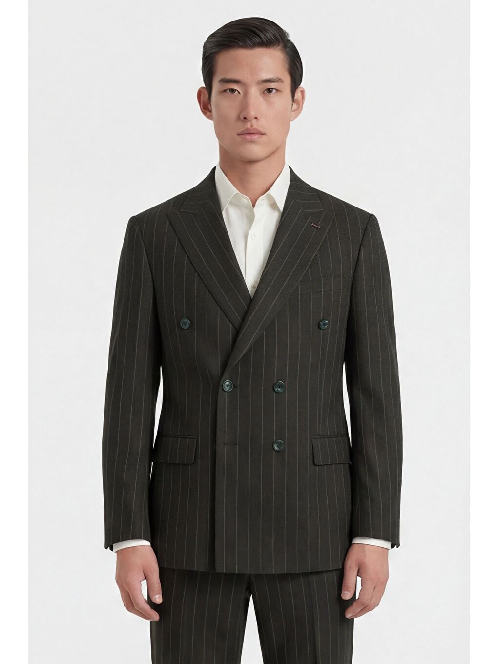 Lacivert Slim Fit Sivri Yaka Çizgili Kruvaze Takım Elbise