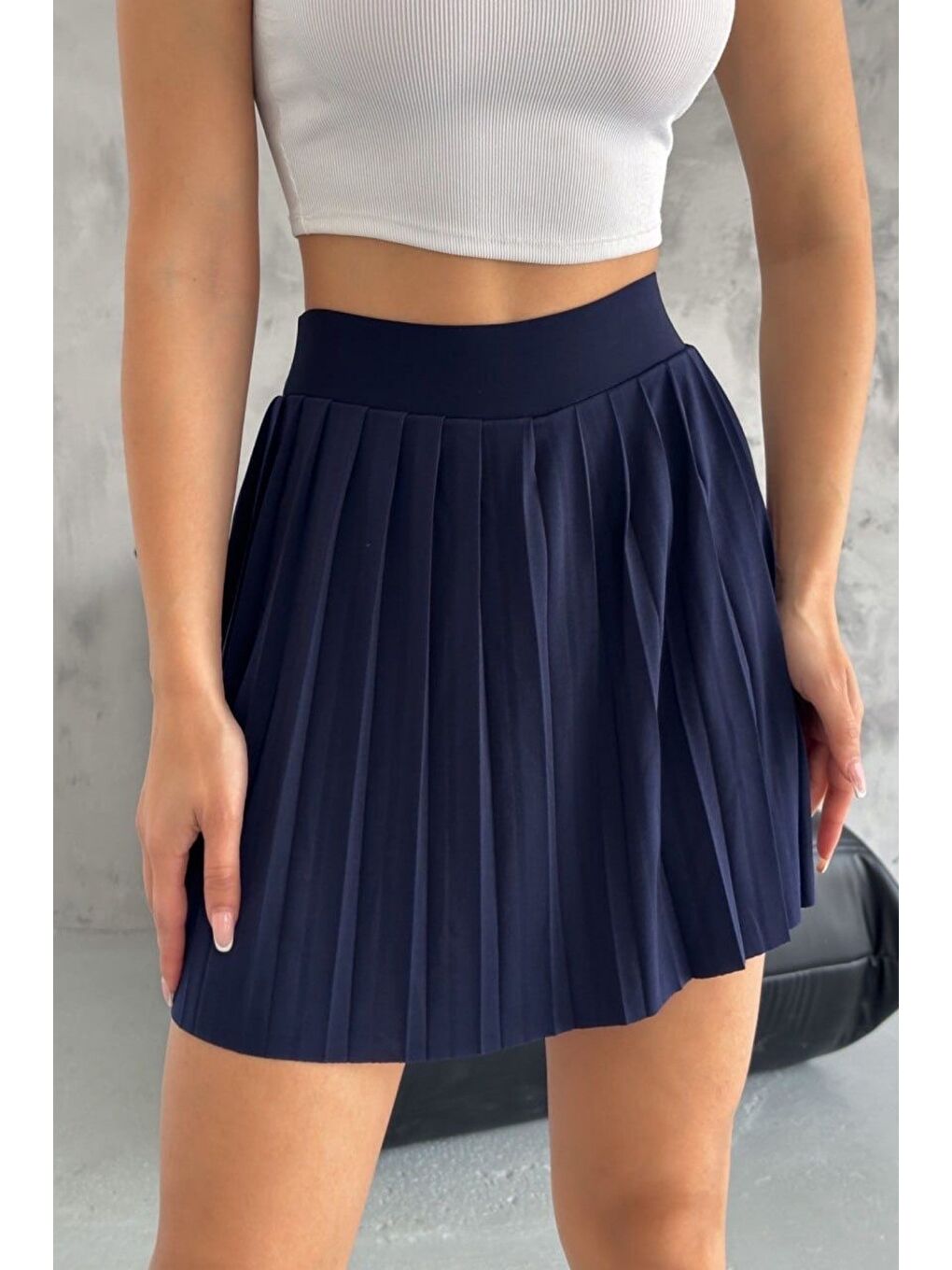 Lacivert Yüksek Bel Pileli Mini Etek Kadın Tenniscore Günlük Etek