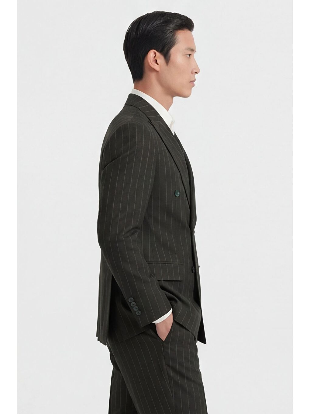 Lacivert Slim Fit Sivri Yaka Çizgili Kruvaze Takım Elbise-2