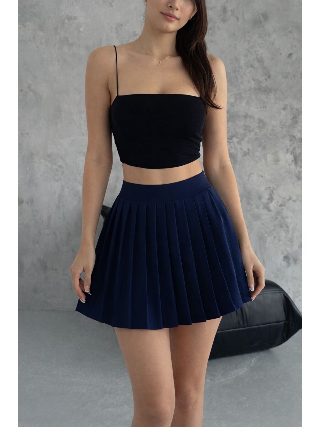 Lacivert Yüksek Bel Pileli Mini Etek Kadın Tenniscore Günlük Etek-1