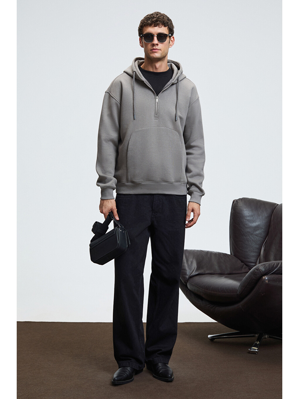Justus Erkek Kapüşonlu Kanguru Cepli Fermuar Yakalı Koyu Gri Sweatshirt-2