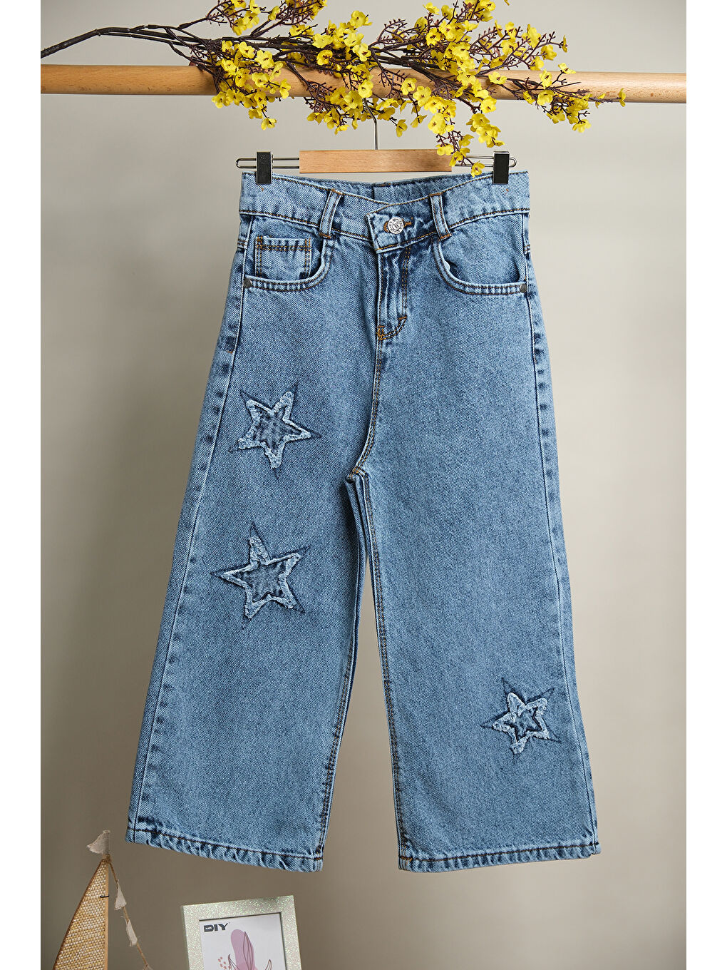 Mavi Kız Çocuk Yıldız Nakışlı Geniş Paçalı Jean Pantolon PNT 1507