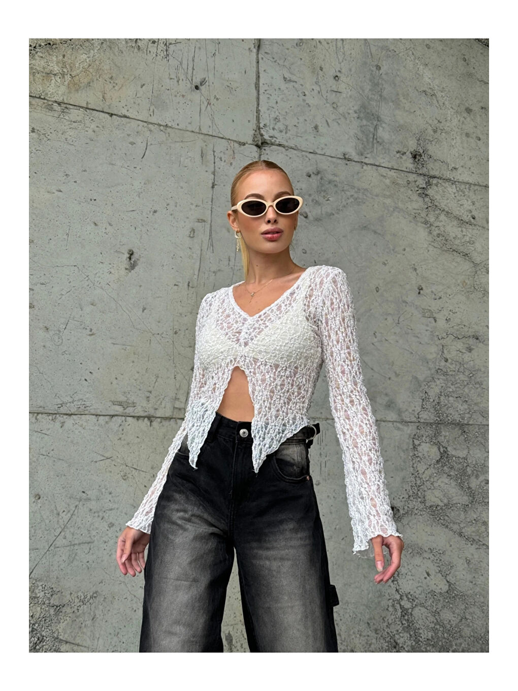 Kadın Beyaz Önü Büzgülü İspanyol Kol Tül Bluz HZL24S-ZK13381-2