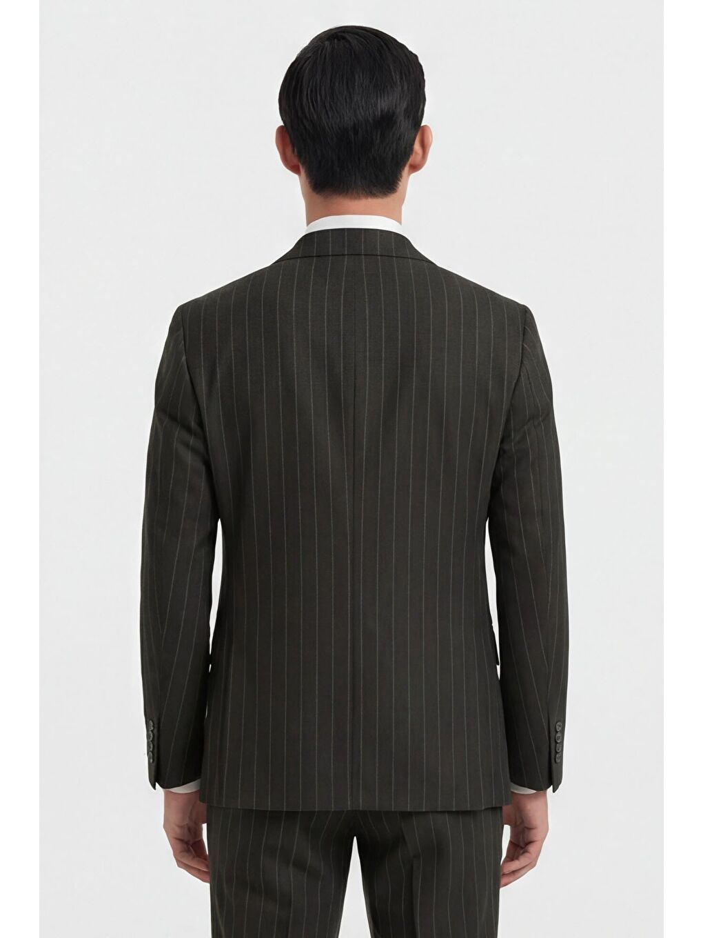 Lacivert Slim Fit Sivri Yaka Çizgili Kruvaze Takım Elbise-3