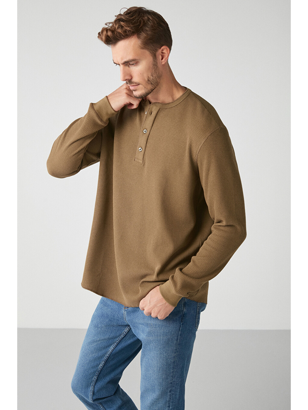 Patrıck Erkek Triko Waffle Özel Dokulu Kalın Premium Kumaşlı Düğme Detaylı Haki T-shirt-3