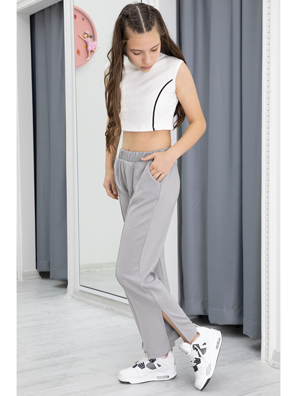 Gri Geniş Paça Yırtmaçlı Kız Çocuk Kumaş Pantolon 20290-3