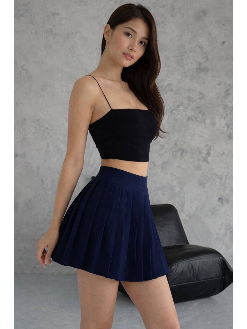 Lacivert Yüksek Bel Pileli Mini Etek Kadın Tenniscore Günlük Etek-2