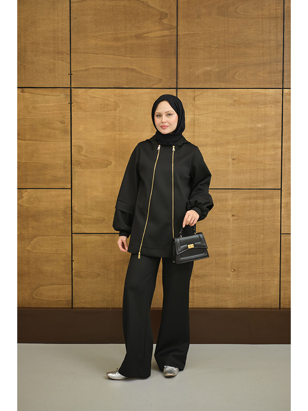 Kadın Kapüşonlu Çift Fermuar Detay Regular Scuba Takım Siyah-1
