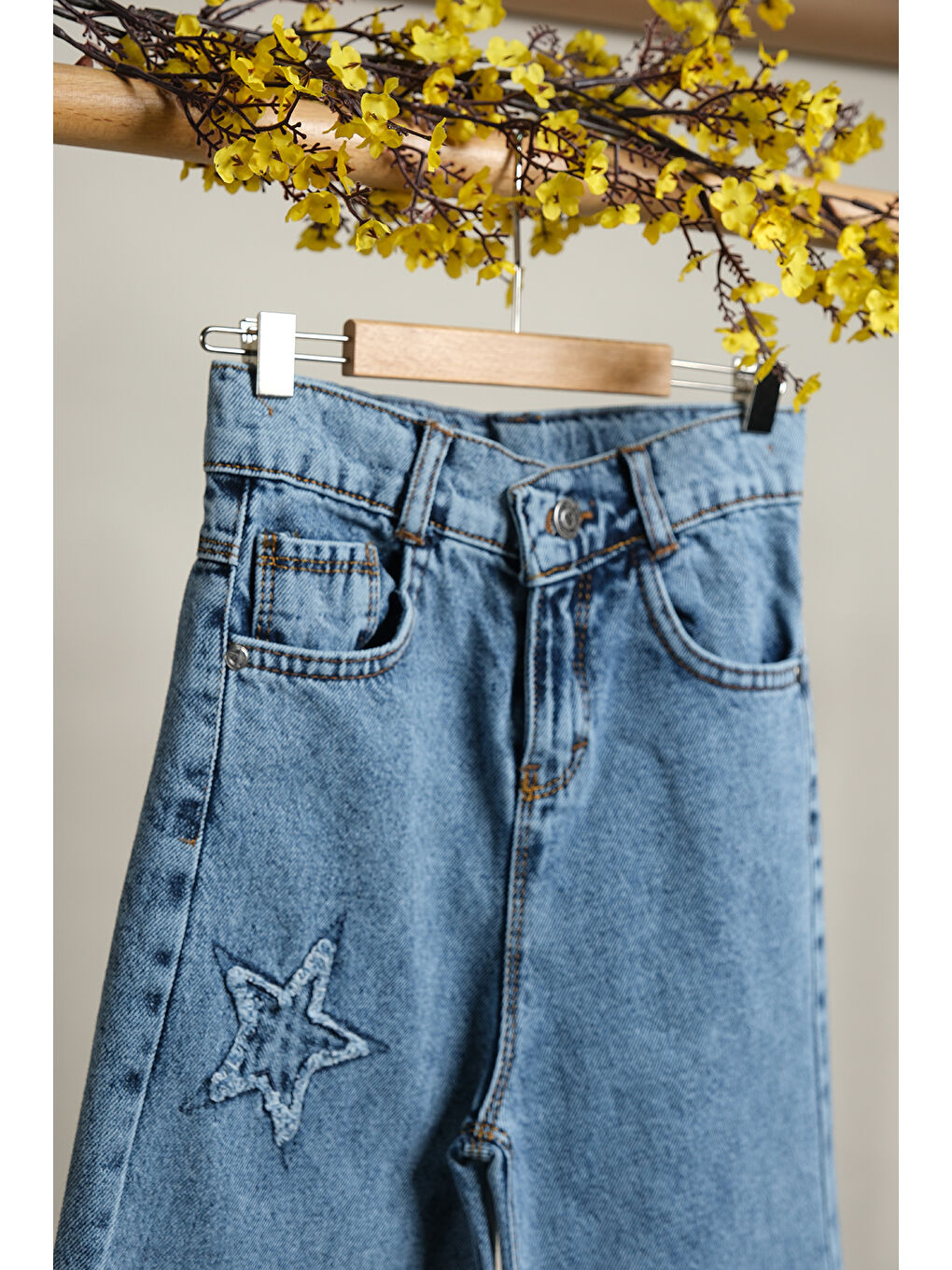 Mavi Kız Çocuk Yıldız Nakışlı Geniş Paçalı Jean Pantolon PNT 1507-2