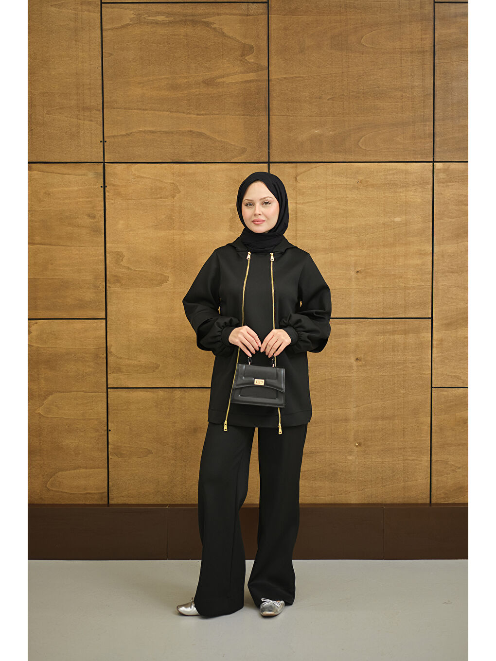 Kadın Kapüşonlu Çift Fermuar Detay Regular Scuba Takım Siyah-2