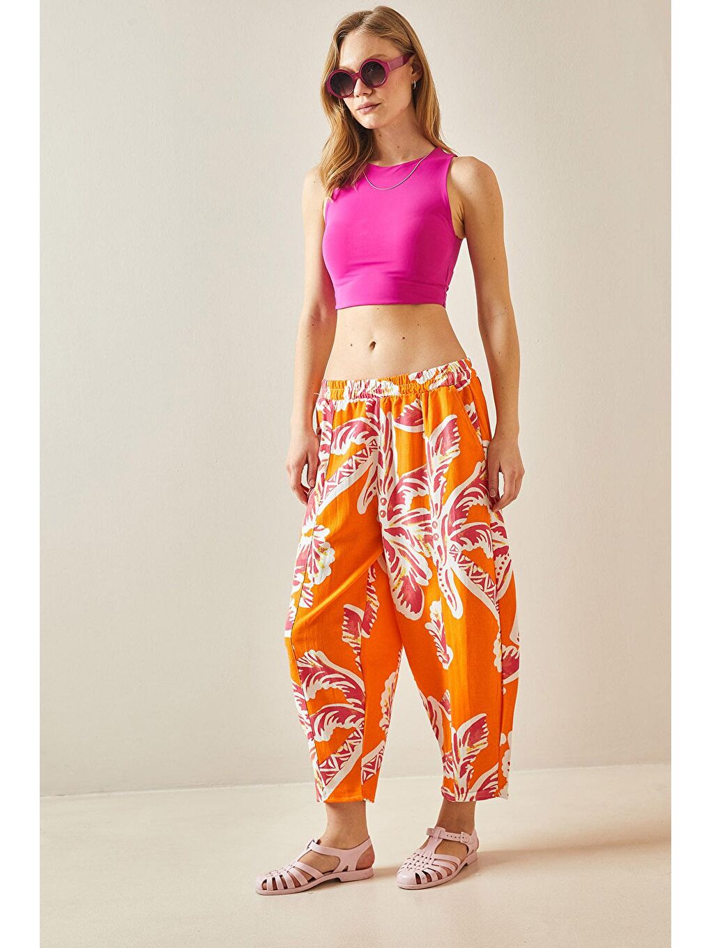 Turuncu Desenli & Keten Dokulu Şalvar Pantolon 5YXK5-48212-11-1