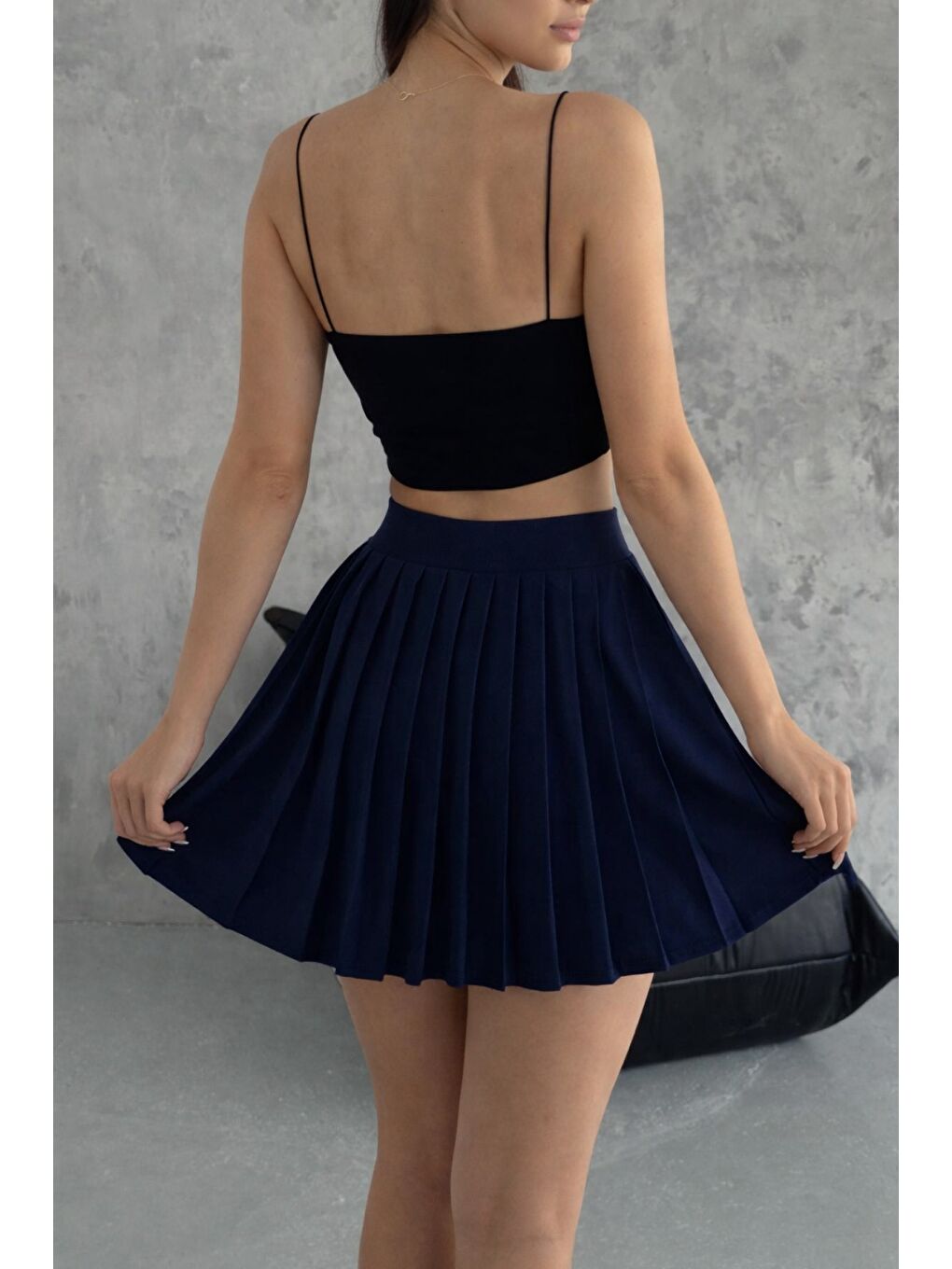 Lacivert Yüksek Bel Pileli Mini Etek Kadın Tenniscore Günlük Etek-3