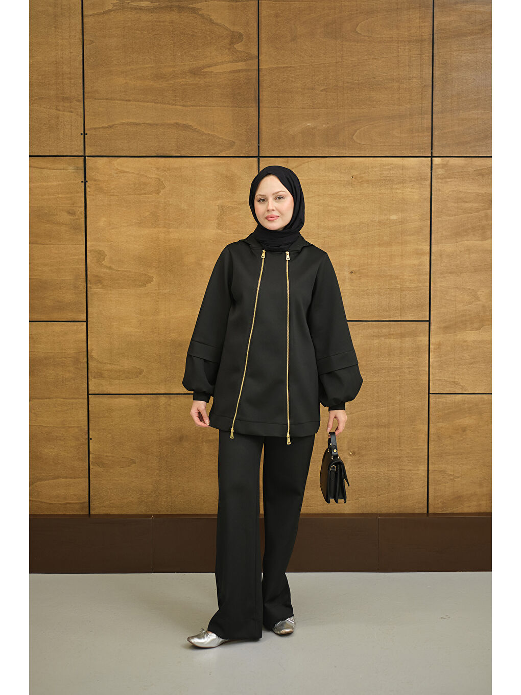 Kadın Kapüşonlu Çift Fermuar Detay Regular Scuba Takım Siyah-3
