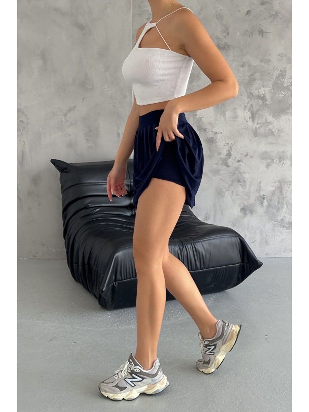 Lacivert Yüksek Bel Pileli Mini Etek Kadın Tenniscore Günlük Etek-4