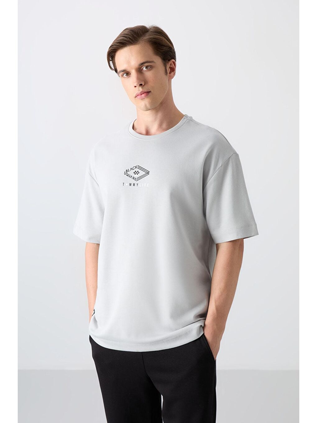 TOMMYLIFE Taş Pamuklu Kalın Yumuşak Dokulu Oversize Fit Baskılı Erkek T-Shirt - 88325 - 3