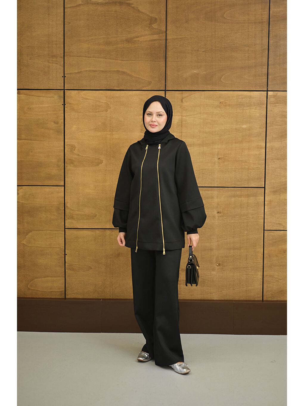 Kadın Kapüşonlu Çift Fermuar Detay Regular Scuba Takım Siyah-4