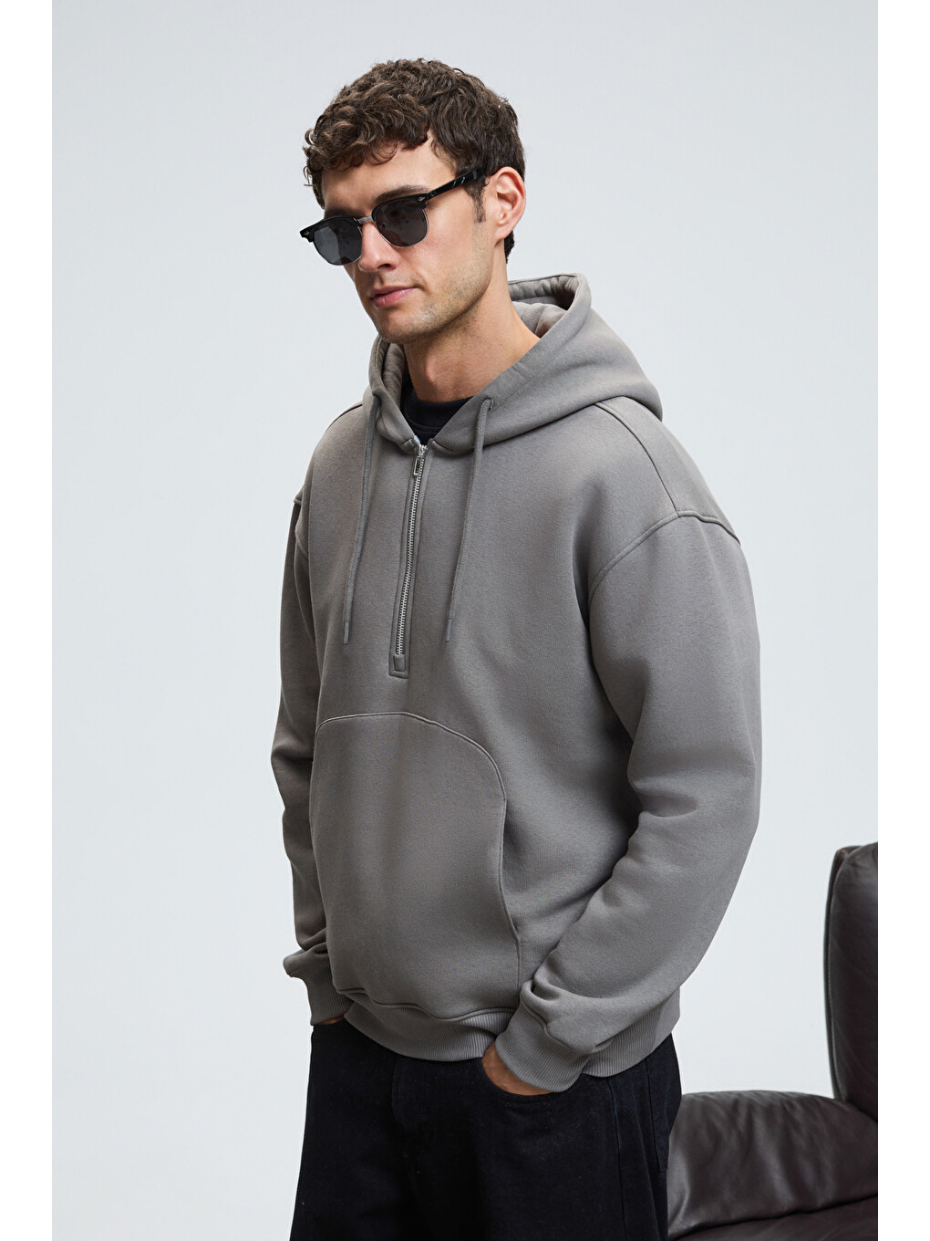 Justus Erkek Kapüşonlu Kanguru Cepli Fermuar Yakalı Koyu Gri Sweatshirt-3