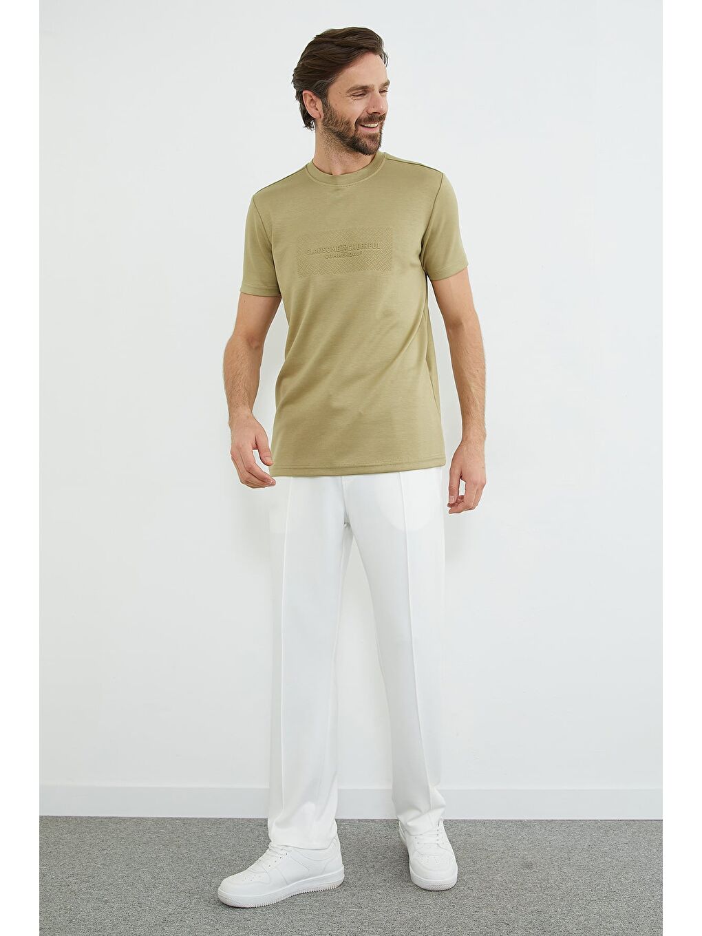 Yeşil Slogan Baskılı Bisiklet Yaka Tişört-2