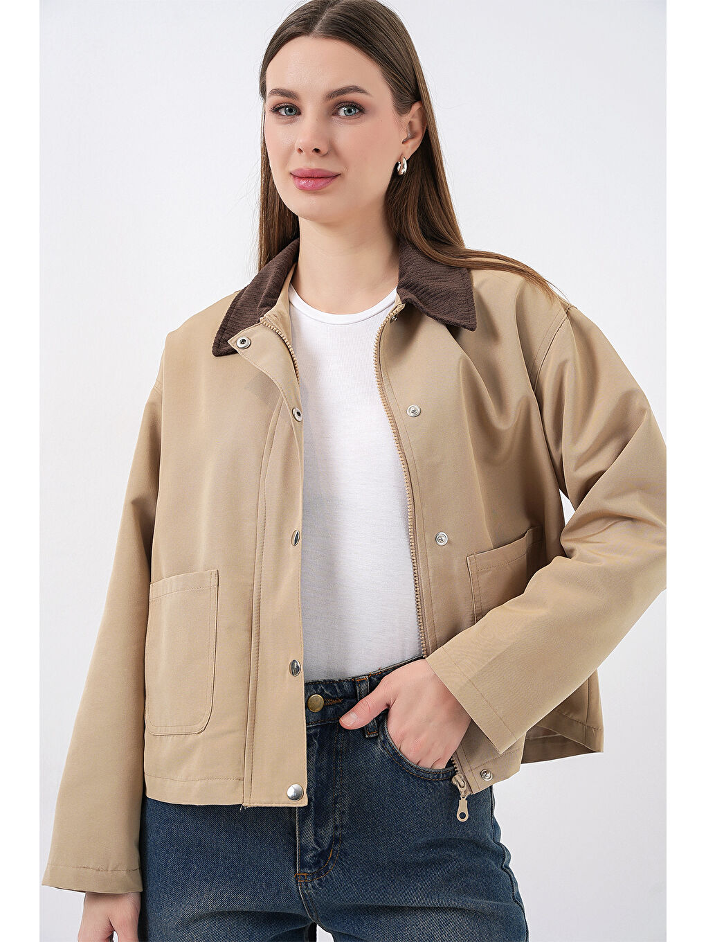 Bej Kadın Cep Detaylı Kısa Ceket 5975 - Bisküvi