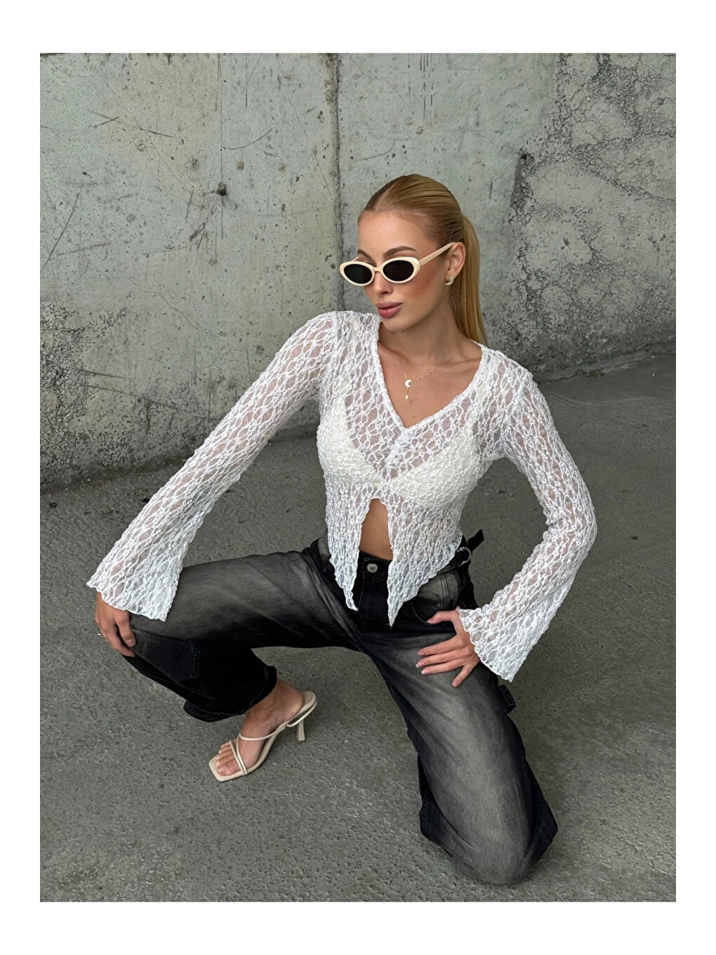 Kadın Beyaz Önü Büzgülü İspanyol Kol Tül Bluz HZL24S-ZK13381-3