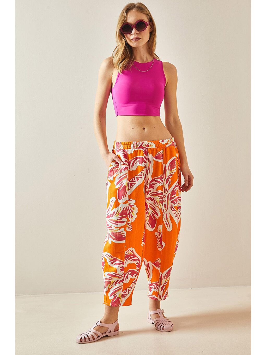 Turuncu Desenli & Keten Dokulu Şalvar Pantolon 5YXK5-48212-11-3